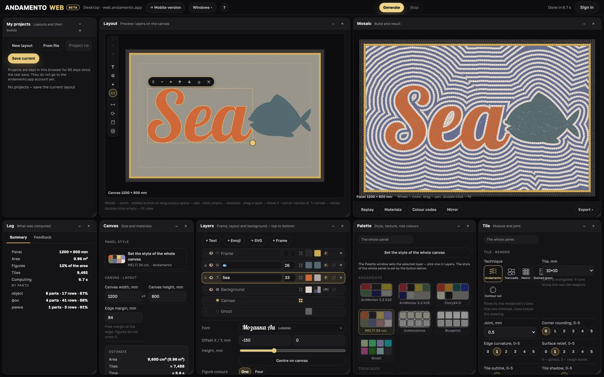 Espacio de trabajo de ANDAMENTO WEB: ventanas Layout, Mosaic, Layers, Palette y Tile