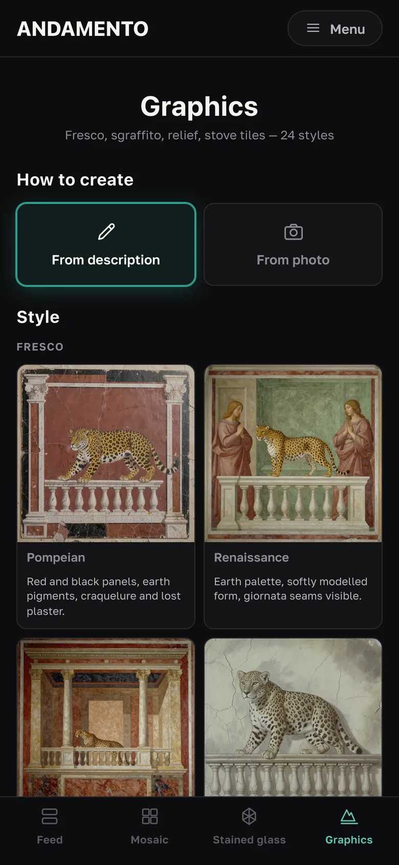 Fresco, sgraffito, relief and stove-tile sketches from a prompt — 24 ANDAMENTO styles